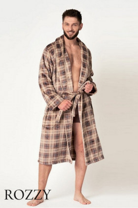 Халат мужской флисовый Key MGL 402 бежевый/серый